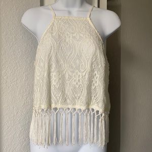 NWT TCEC White Crochet & Lined Fringe Too size M